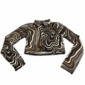 Motel 60s/70s Inspired Trippy Swirl Cropped Button Top (Brown/Cream/Black) Small